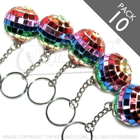 27mm Mirror Multicolour Disco ball keyrings - pack 10