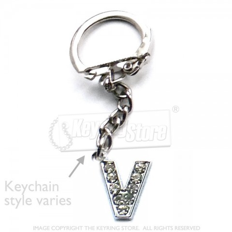 Letter V Diamante Charm Keyring